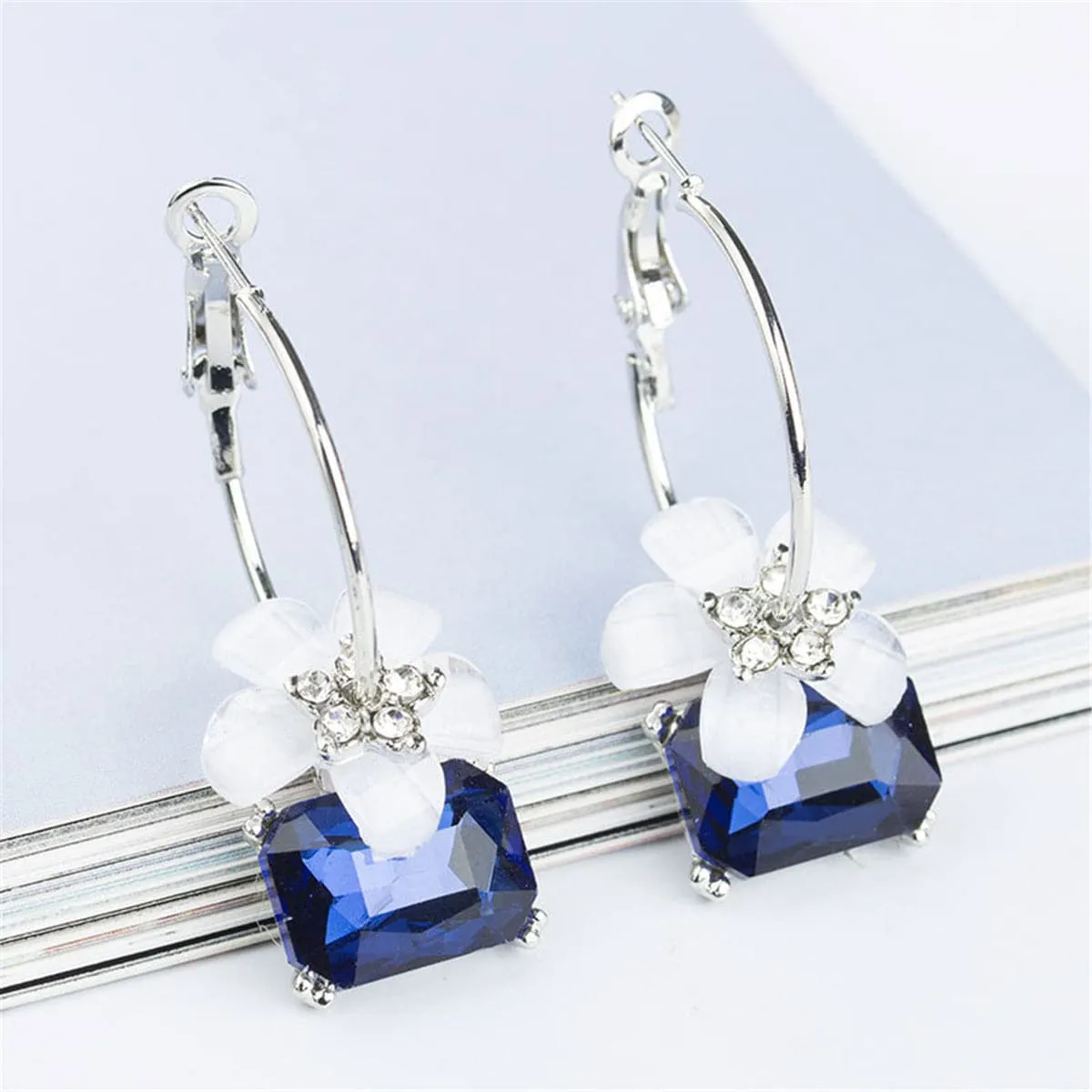 Cubic Zirconia & Blue Crystal Flower Hoop Earrings