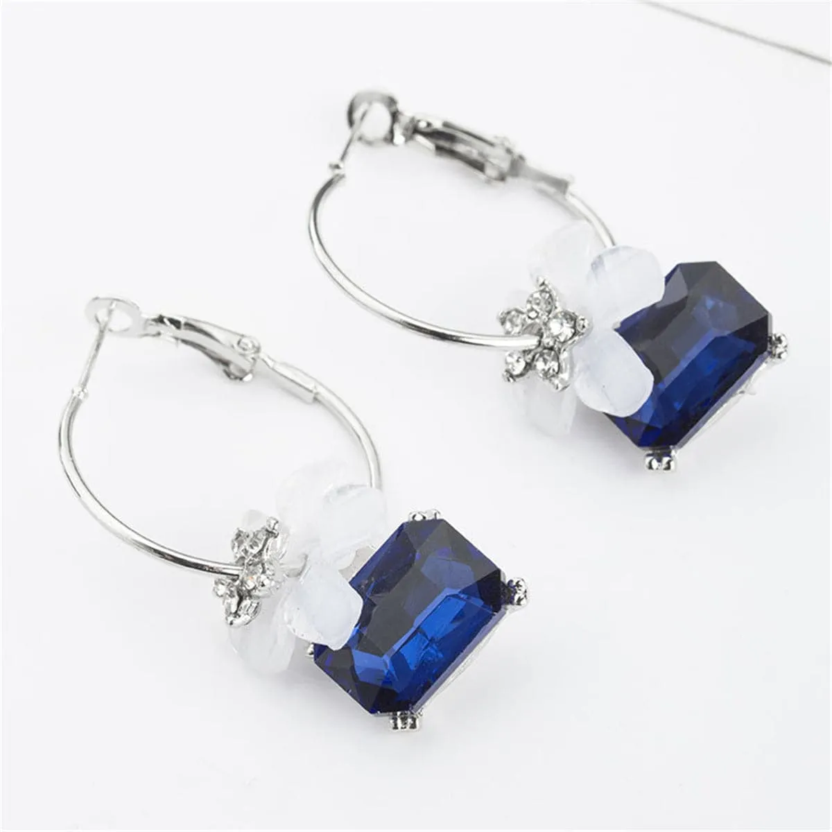 Cubic Zirconia & Blue Crystal Flower Hoop Earrings