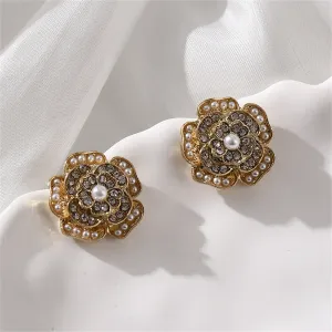 Cubic Zirconia & Pearl 18K Gold-Plated Flower Stud Earrings