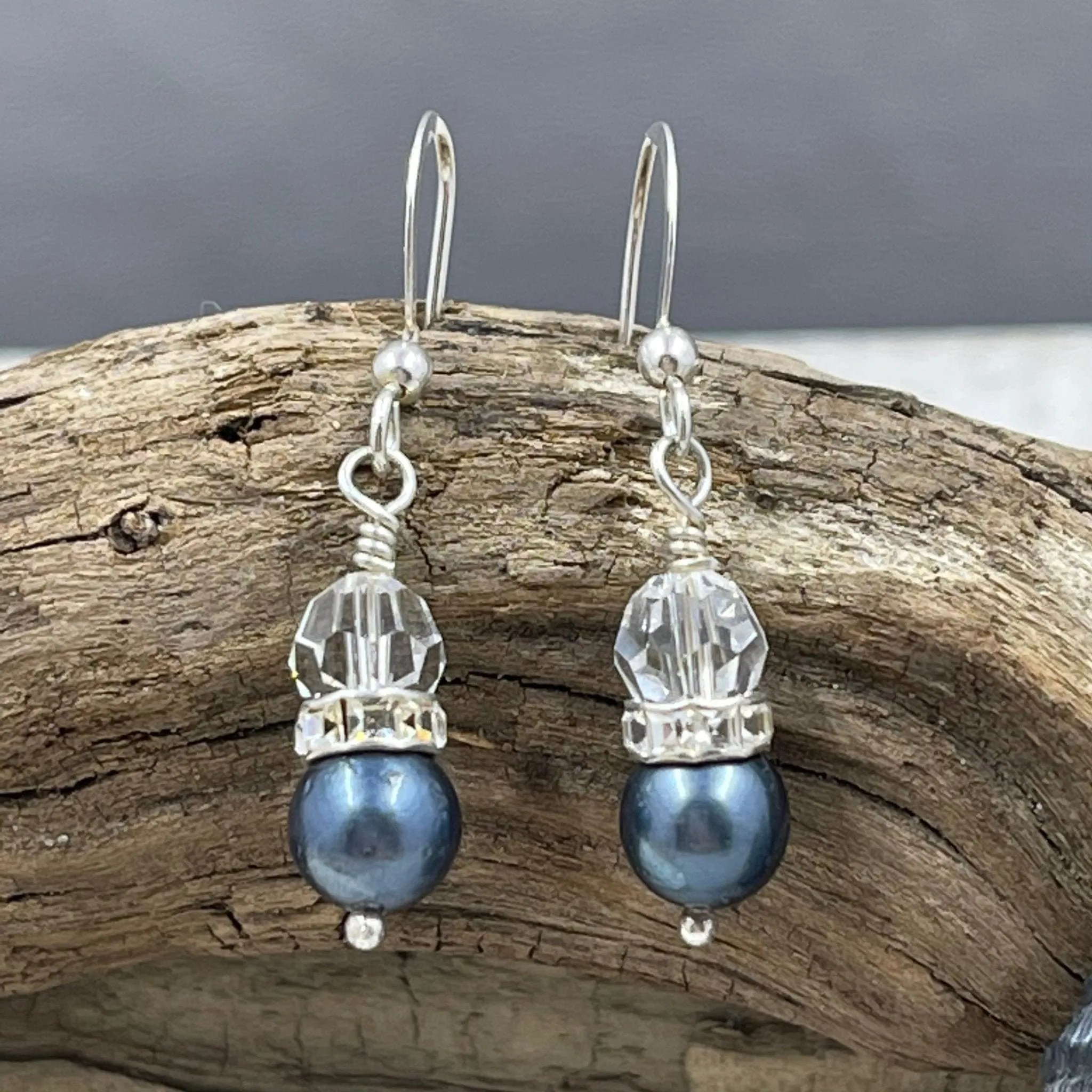Cultured Black Pearl and Crystal Earrings