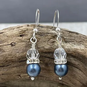Cultured Black Pearl and Crystal Earrings