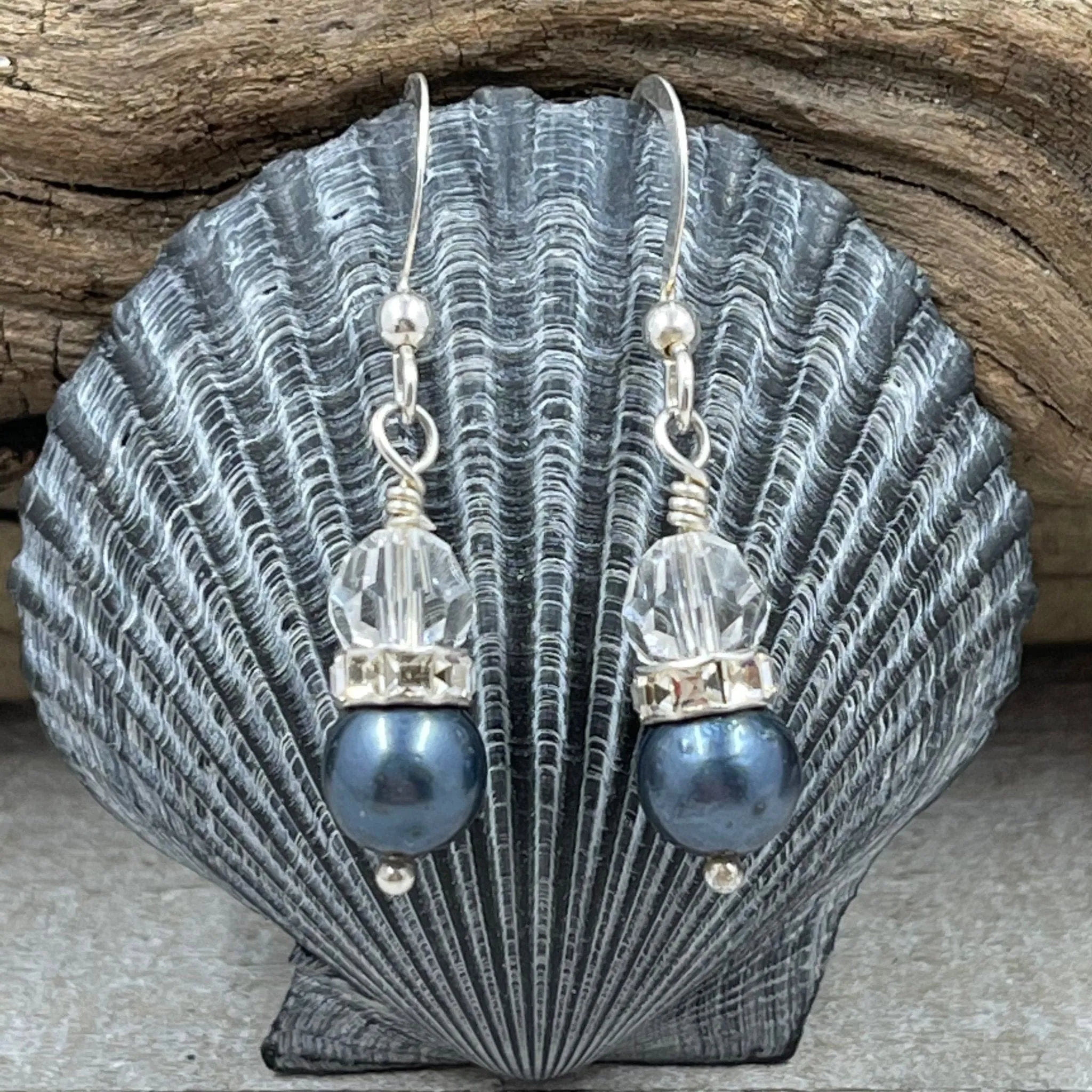 Cultured Black Pearl and Crystal Earrings