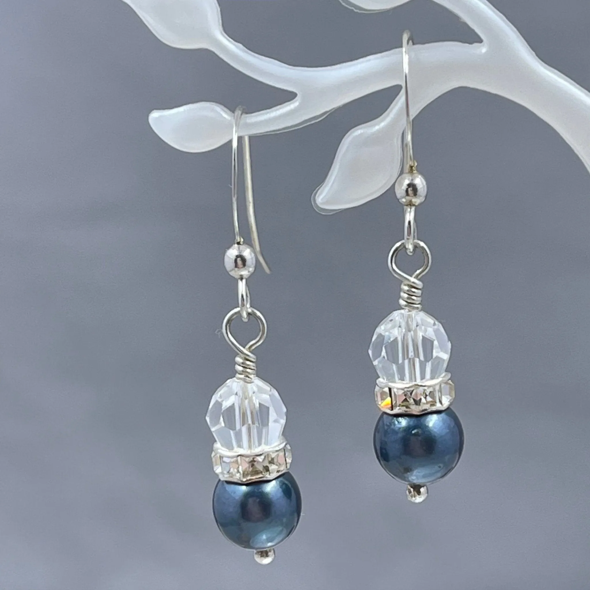 Cultured Black Pearl and Crystal Earrings