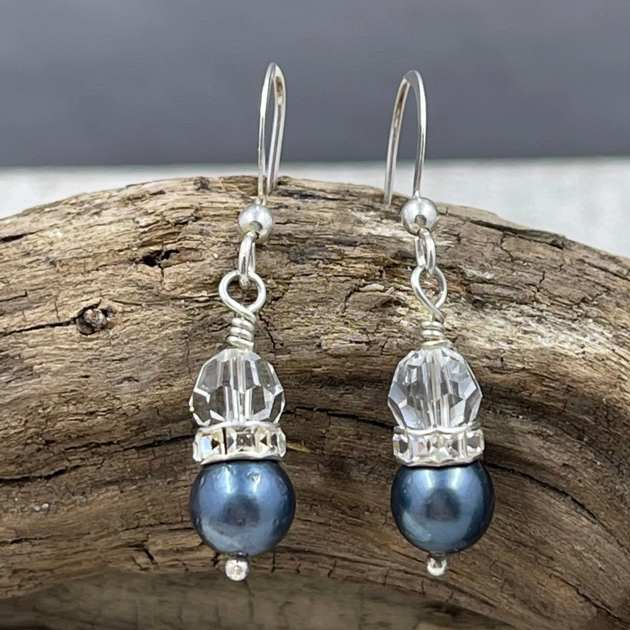 Cultured Black Pearl and Crystal Earrings