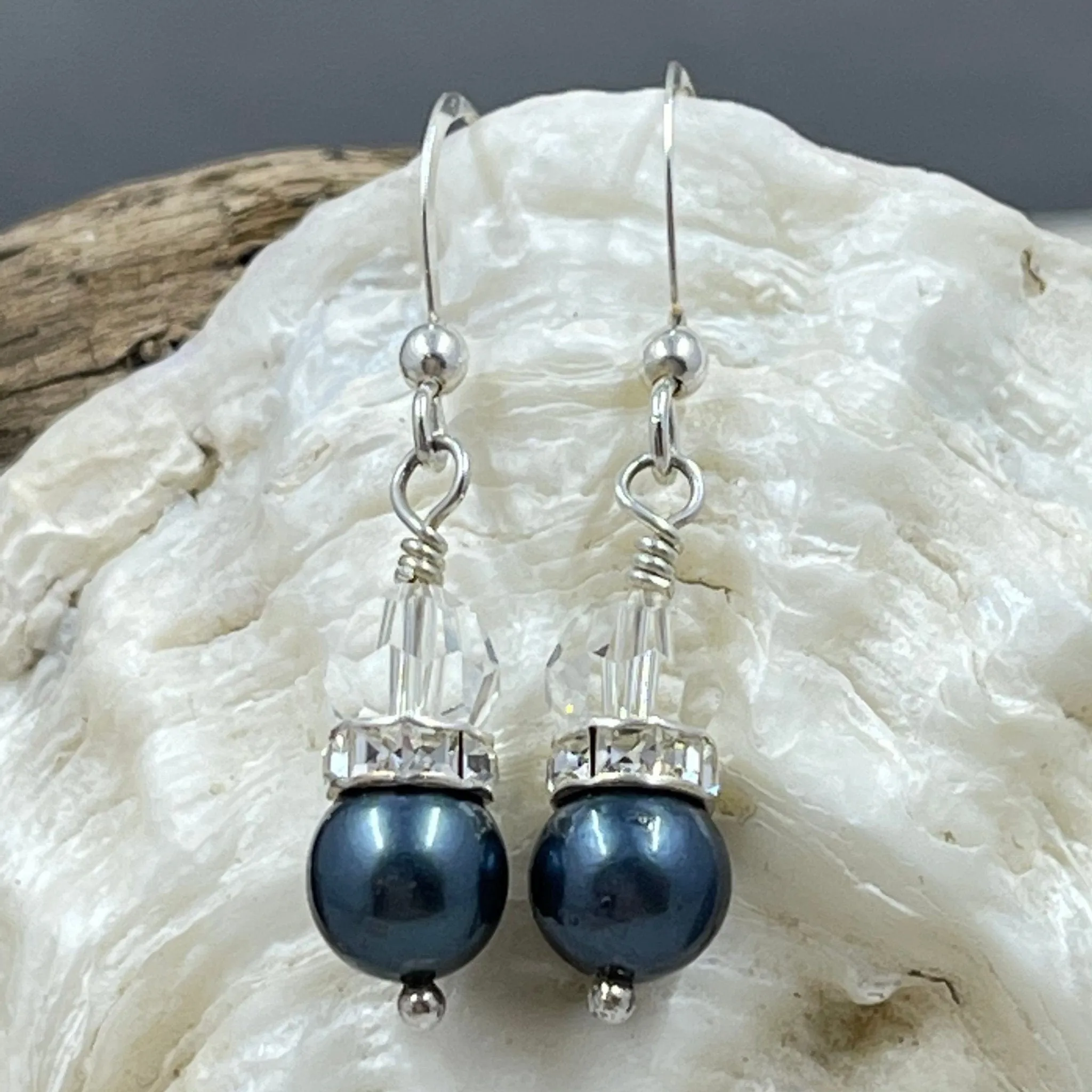 Cultured Black Pearl and Crystal Earrings