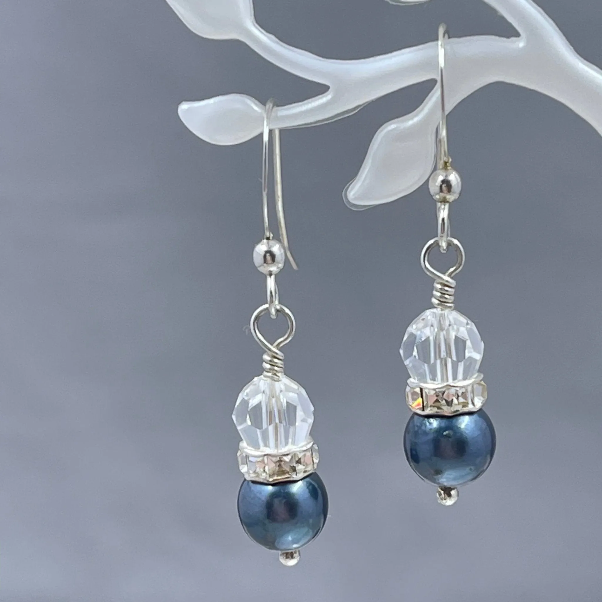 Cultured Black Pearl and Crystal Earrings