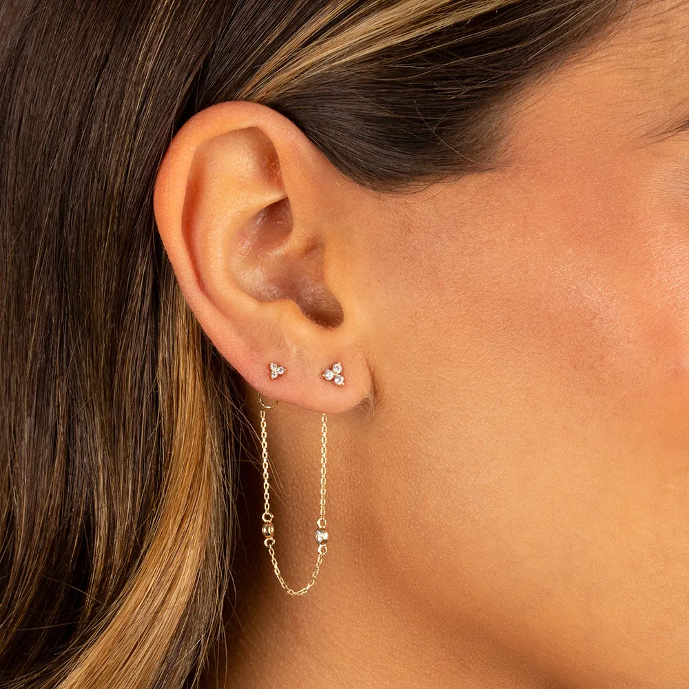 CZ Trio Cluster Double Chain Stud Earring 14K