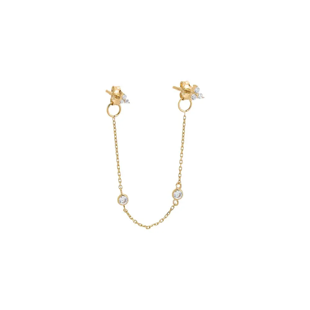 CZ Trio Cluster Double Chain Stud Earring 14K