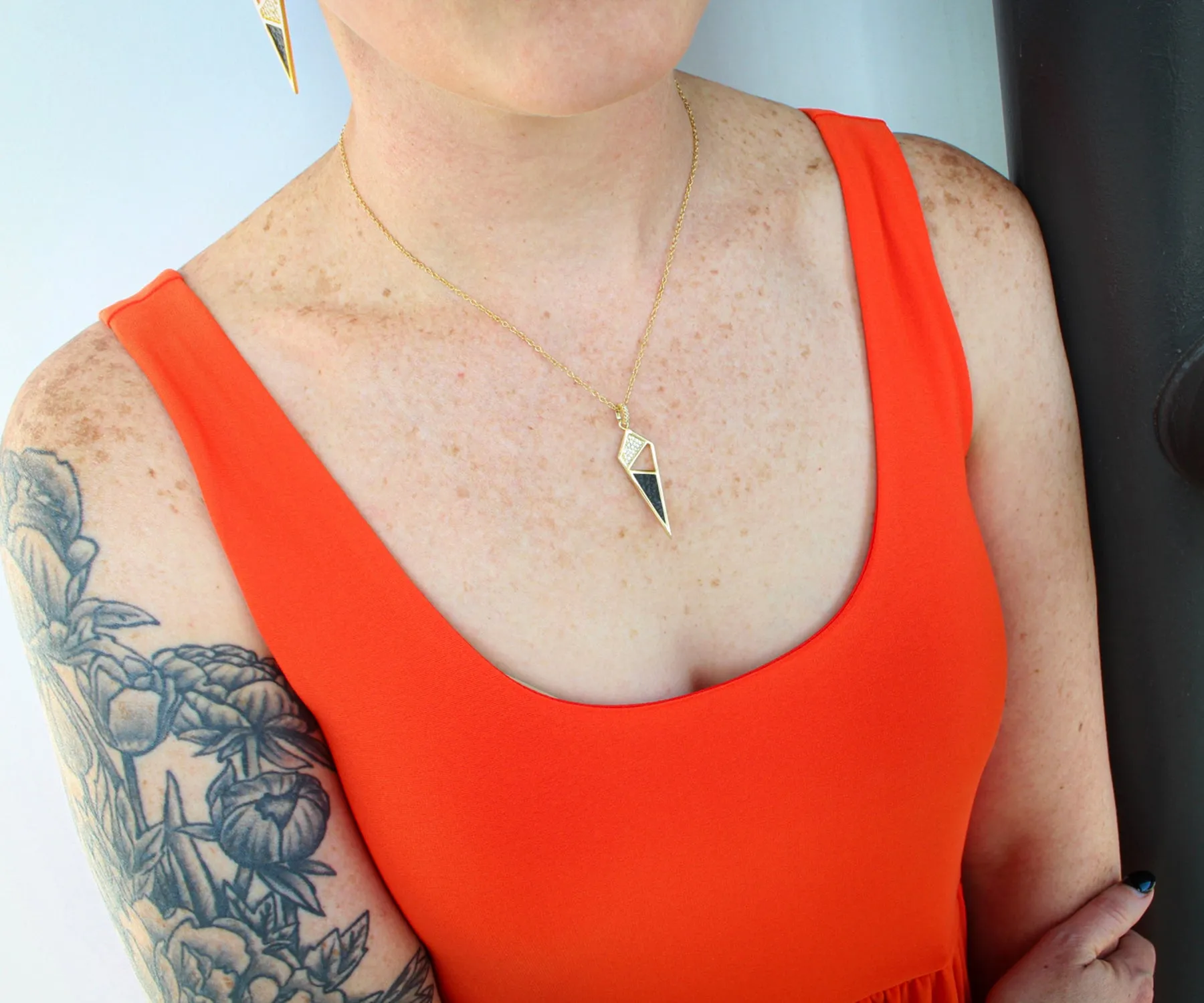 Dagger Leather Inlay Crystal Gold Necklace