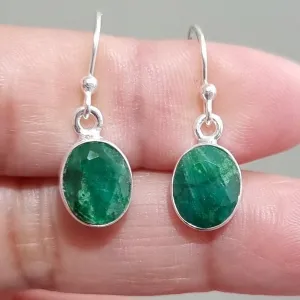Dainty Oval Emerald 925 Silver Dangle Earrings, E7EM