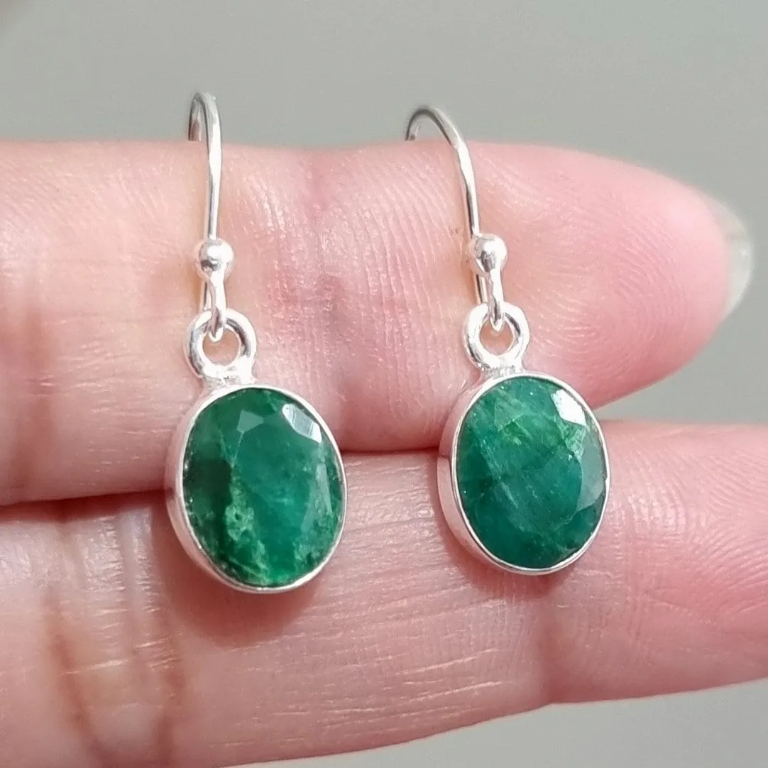 Dainty Oval Emerald 925 Silver Dangle Earrings, E7EM