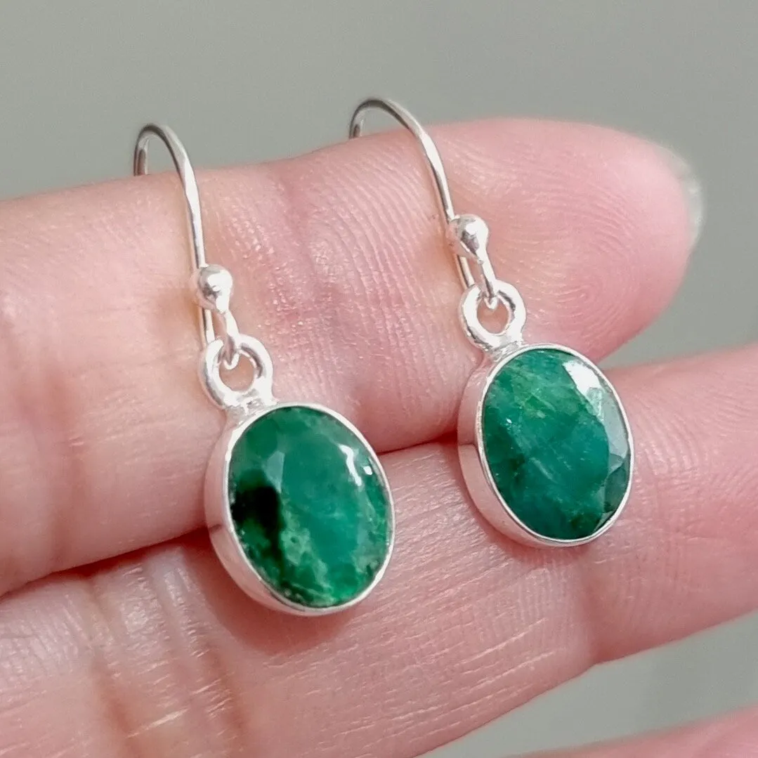 Dainty Oval Emerald 925 Silver Dangle Earrings, E7EM
