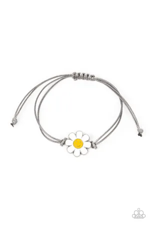 DAISY Little Thing - Silver - Flower Smiley Face Gray Cord Paparazzi Pull-Cord Bracelet