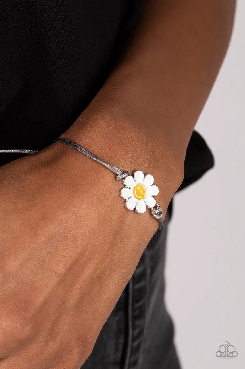 DAISY Little Thing - Silver - Flower Smiley Face Gray Cord Paparazzi Pull-Cord Bracelet