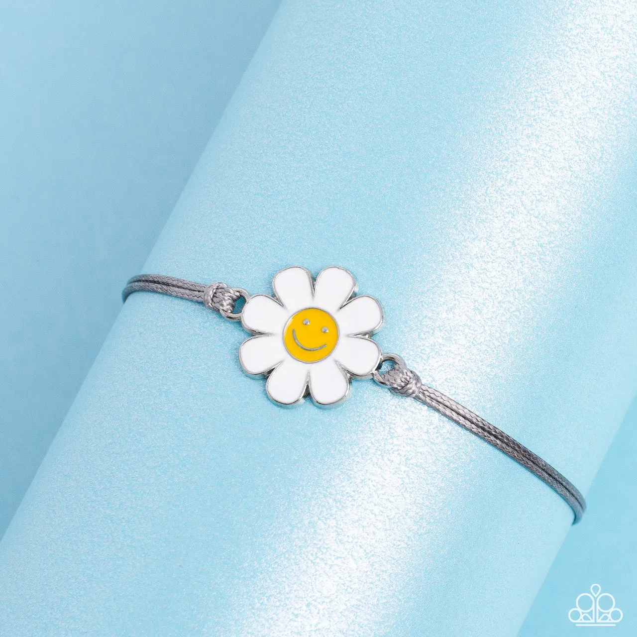 DAISY Little Thing - Silver - Flower Smiley Face Gray Cord Paparazzi Pull-Cord Bracelet