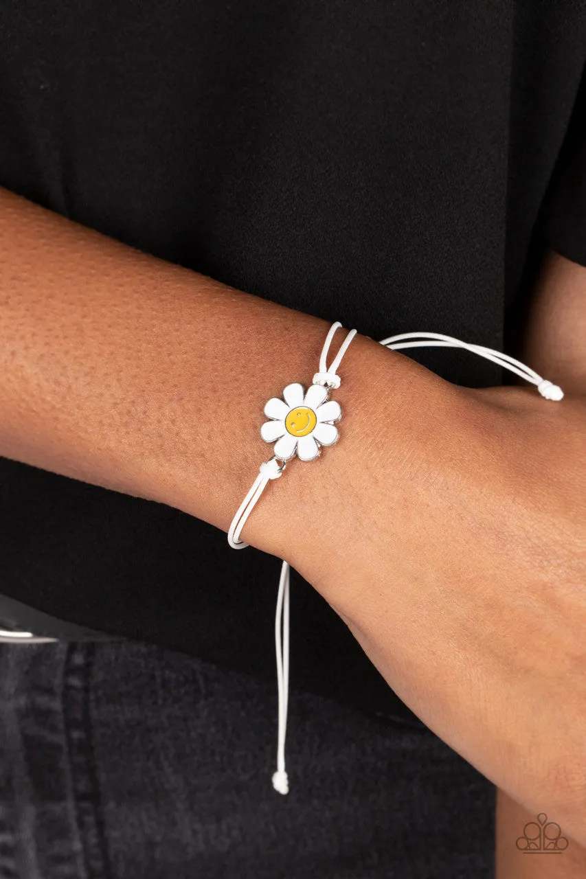 DAISY Little Thing - White - Flower Smiley Face Paparazzi Pull-Cord Bracelet