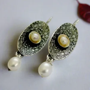 Dangle Filigree Silver Pearl Earrings - Confession.
