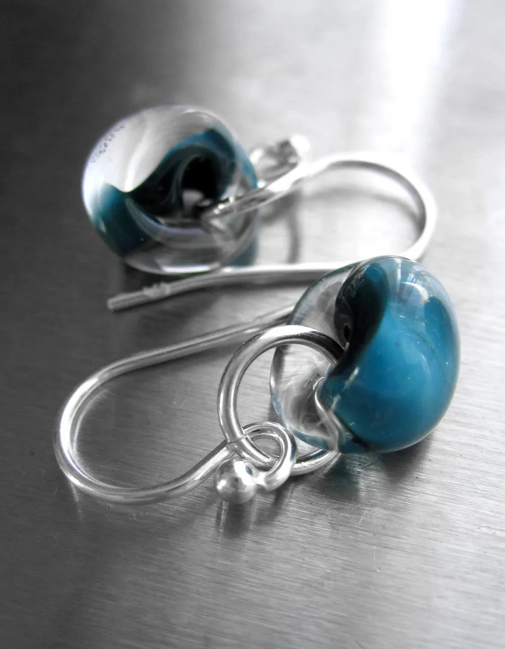 Dark Aqua Glass Drop Earrings with Silver