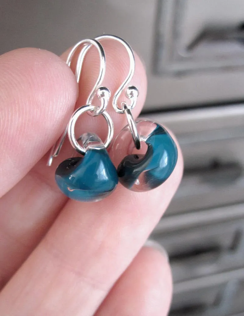 Dark Aqua Glass Drop Earrings with Silver