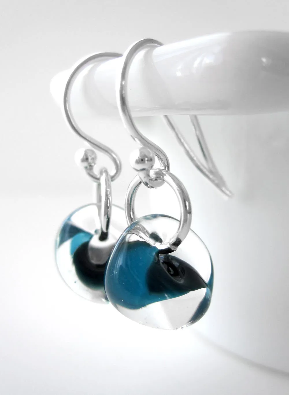 Dark Aqua Glass Drop Earrings with Silver