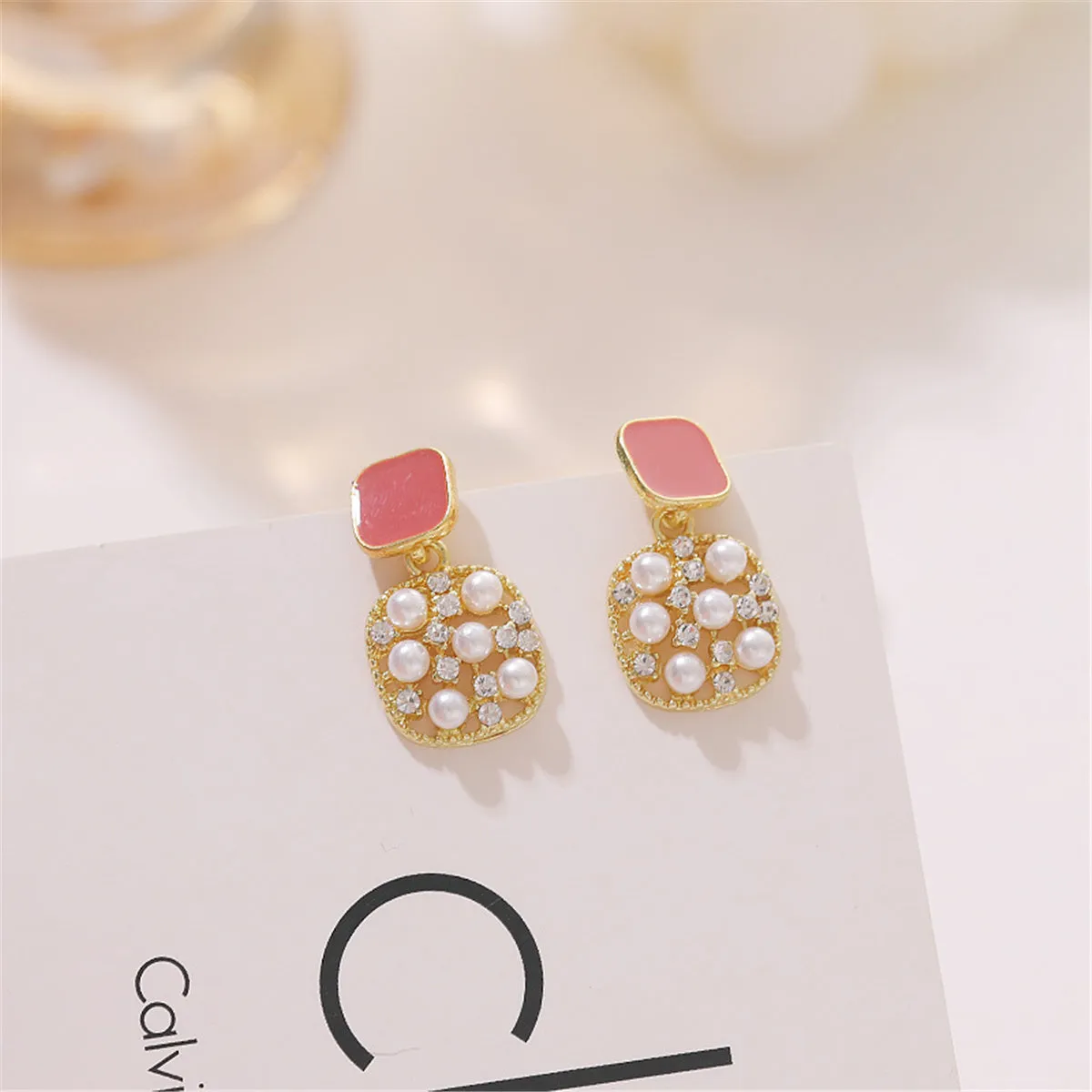 Dark Red Enamel & Pearl Cubic Zirconia-Accent 18K Gold-Plated Square Drop Earrings