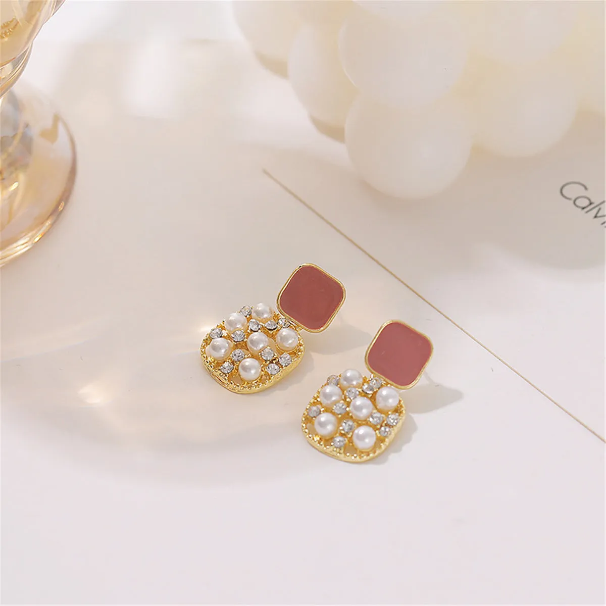 Dark Red Enamel & Pearl Cubic Zirconia-Accent 18K Gold-Plated Square Drop Earrings