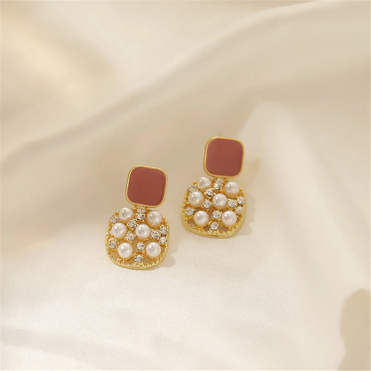 Dark Red Enamel & Pearl Cubic Zirconia-Accent 18K Gold-Plated Square Drop Earrings