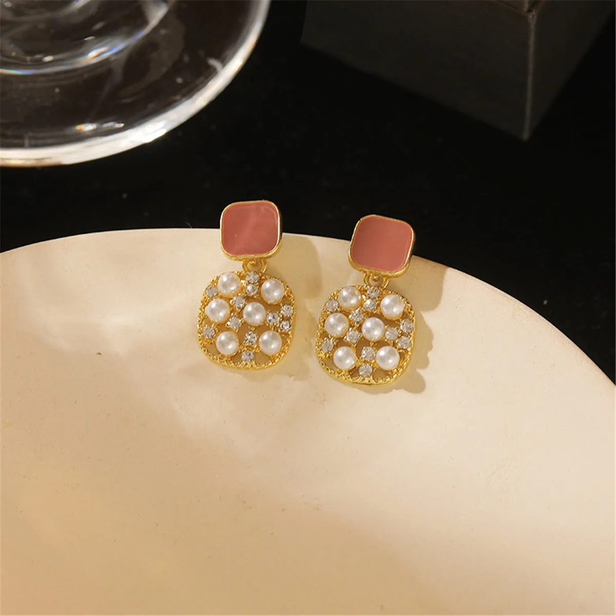 Dark Red Enamel & Pearl Cubic Zirconia-Accent 18K Gold-Plated Square Drop Earrings