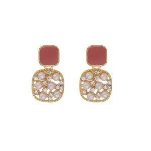 Dark Red Enamel & Pearl Cubic Zirconia-Accent 18K Gold-Plated Square Drop Earrings