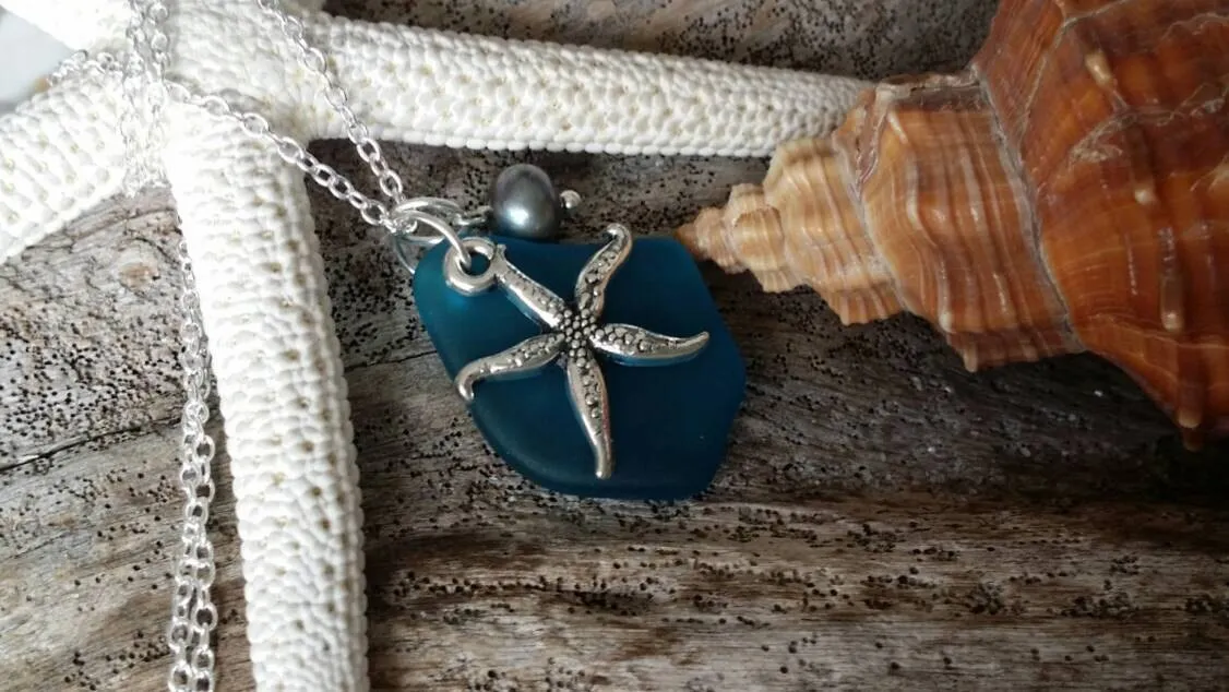 Design and handmade in Hawaii, Teal blue sea glass necklace,Sea star charm ,Natural  purple pearl,   gift box