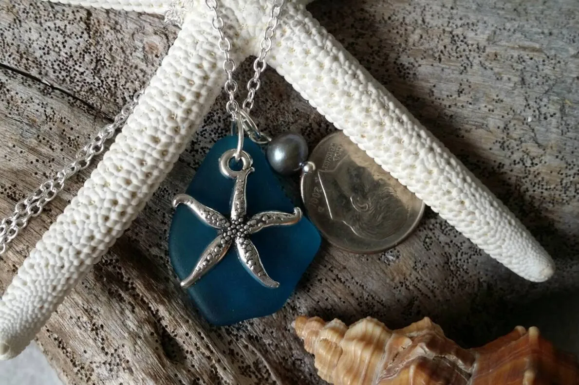 Design and handmade in Hawaii, Teal blue sea glass necklace,Sea star charm ,Natural  purple pearl,   gift box