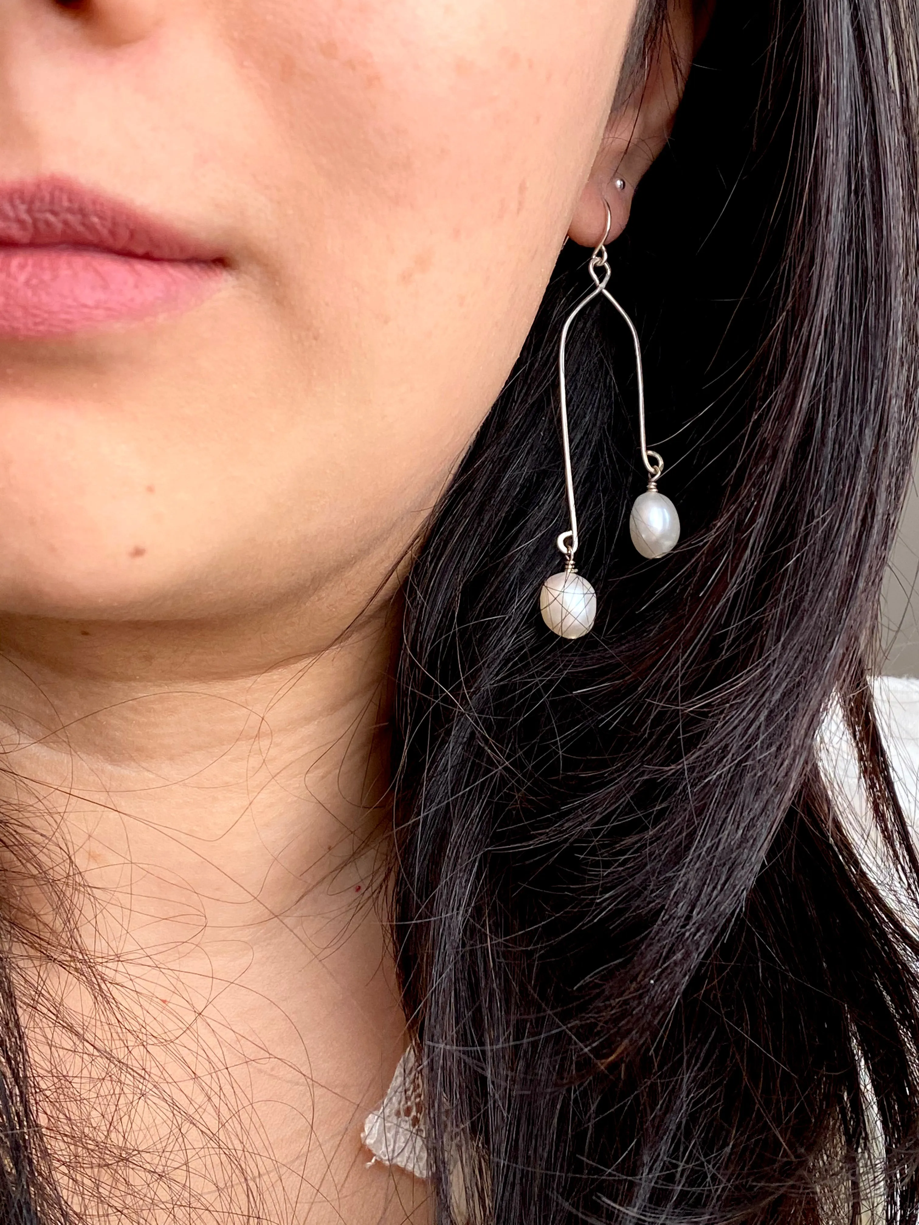 Double Drops Freshwater Pearl Earrings - Sterling Silver