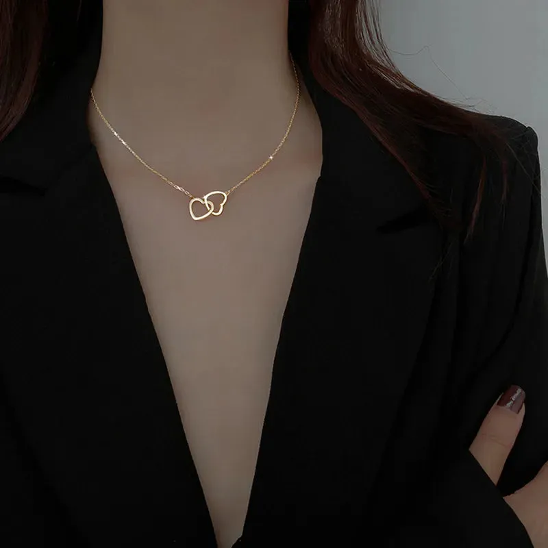 Double Heart Style 304 Stainless Steel 18K Gold Plated Plating Necklace