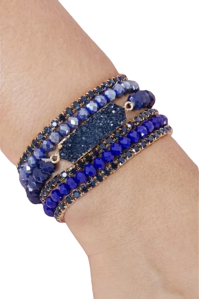 Druzy, Rhinestone, Rondelle Beads Mix Stackable Bracelet Navy - Pack of 6