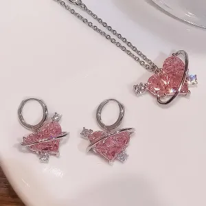 Earrings Necklaces Set for Women Heart-shaped Zircon Pink Crystal Pendant Necklace Women's Jewelry Exquisite Gifts