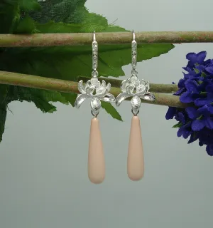 Earrings Pech Shell Pearl Teardrop with Silver Lotus and Cubic Zirconia  Dangle Earrings.