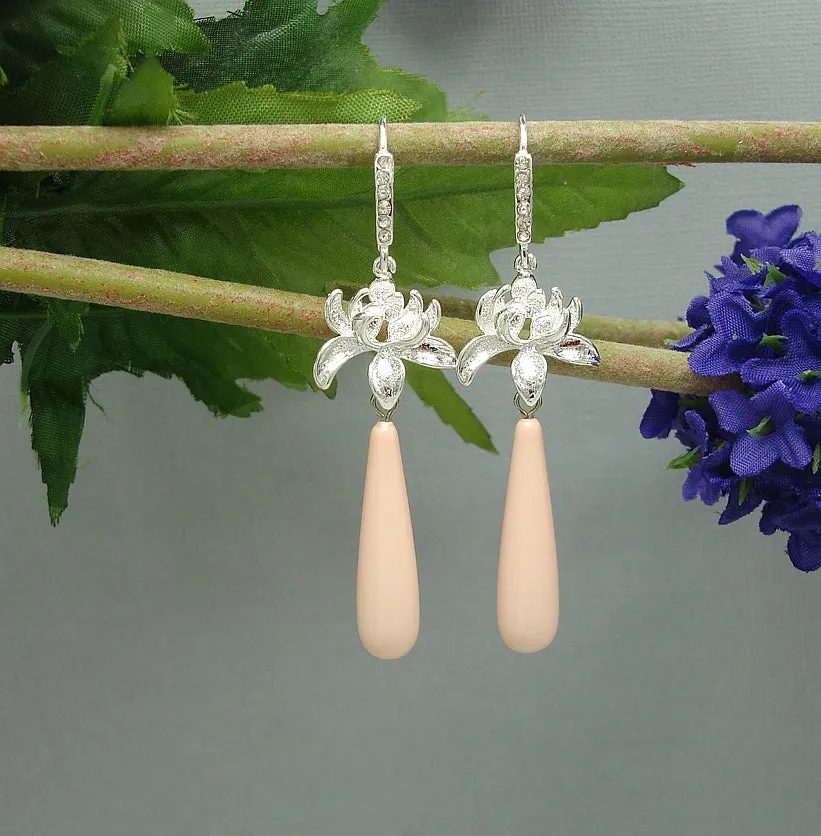 Earrings Pech Shell Pearl Teardrop with Silver Lotus and Cubic Zirconia  Dangle Earrings.