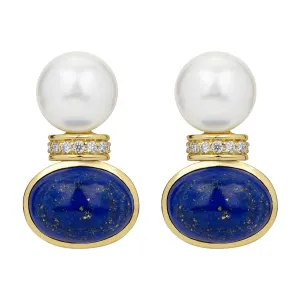 Earrings - South Sea Pearl, Lapis Lazuli And Diamond