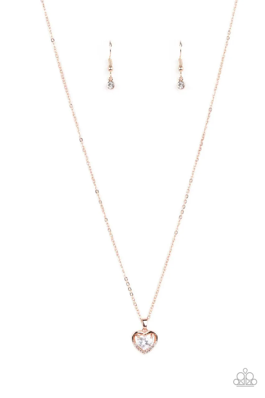 Effulgently Engaged - Rose Gold - Rhinestone Dainty Heart Paparazzi Short Necklace
