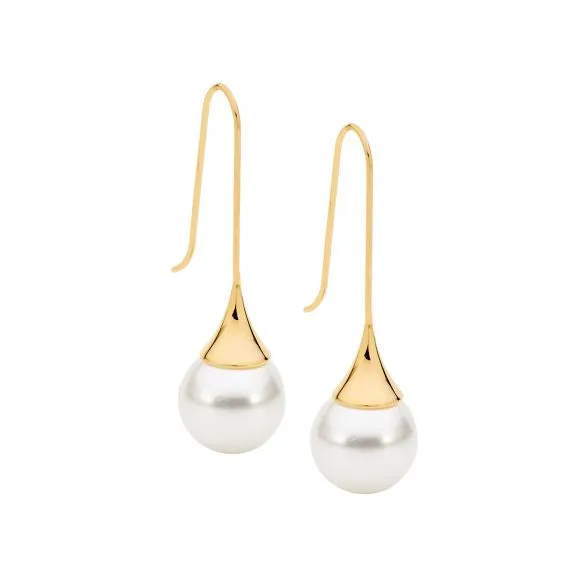 Ellani Gold Plated Stainless Steel Long Drop Pearl Earrings SE220G