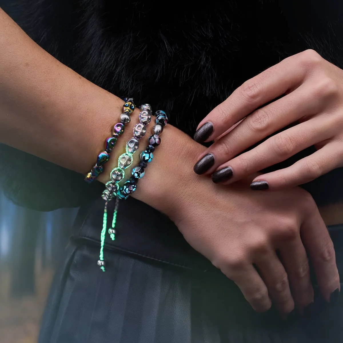 Elysian Waves | Iced Silver Skulls x Violet GloWeave | Macrame Bracelet