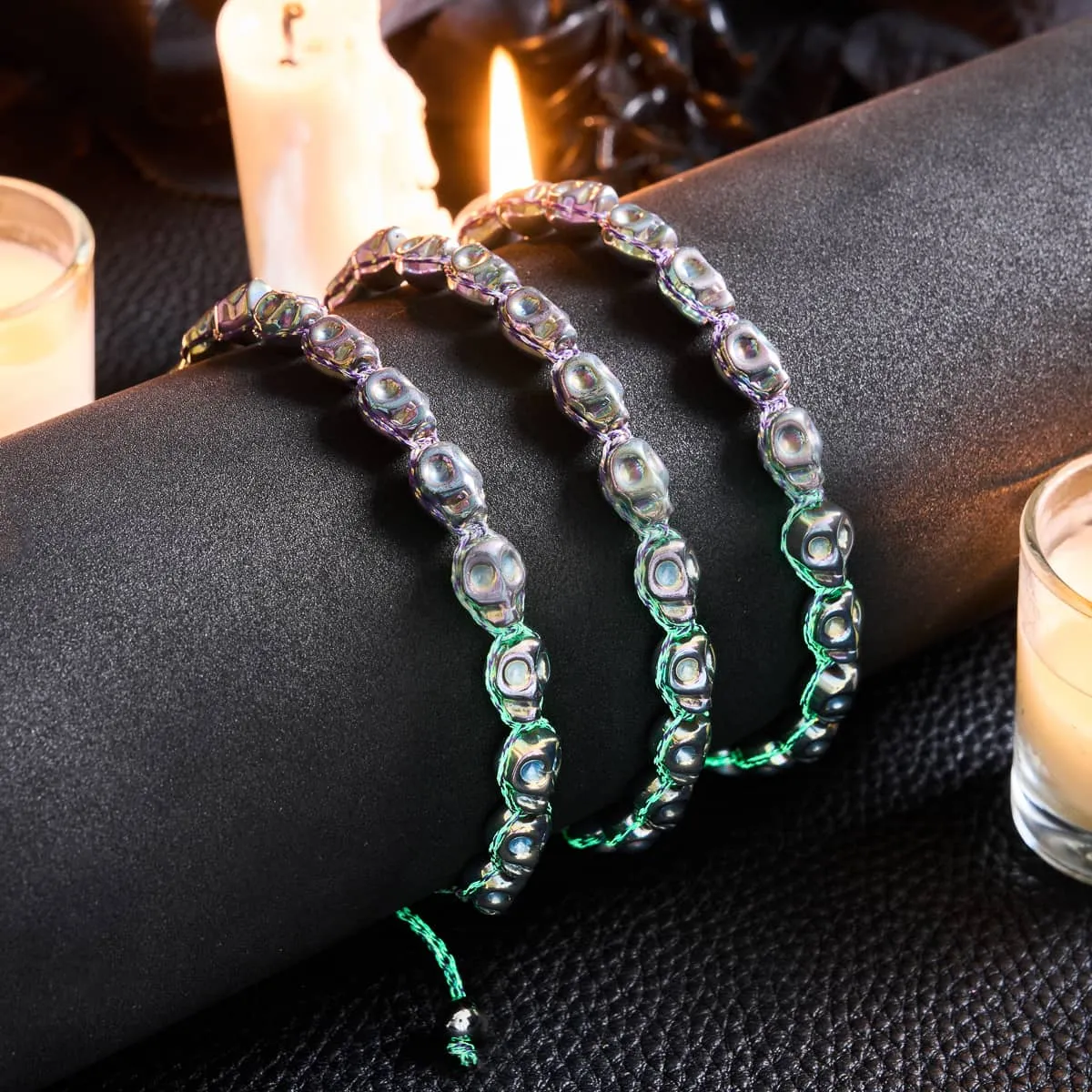 Elysian Waves | Iced Silver Skulls x Violet GloWeave | Macrame Bracelet