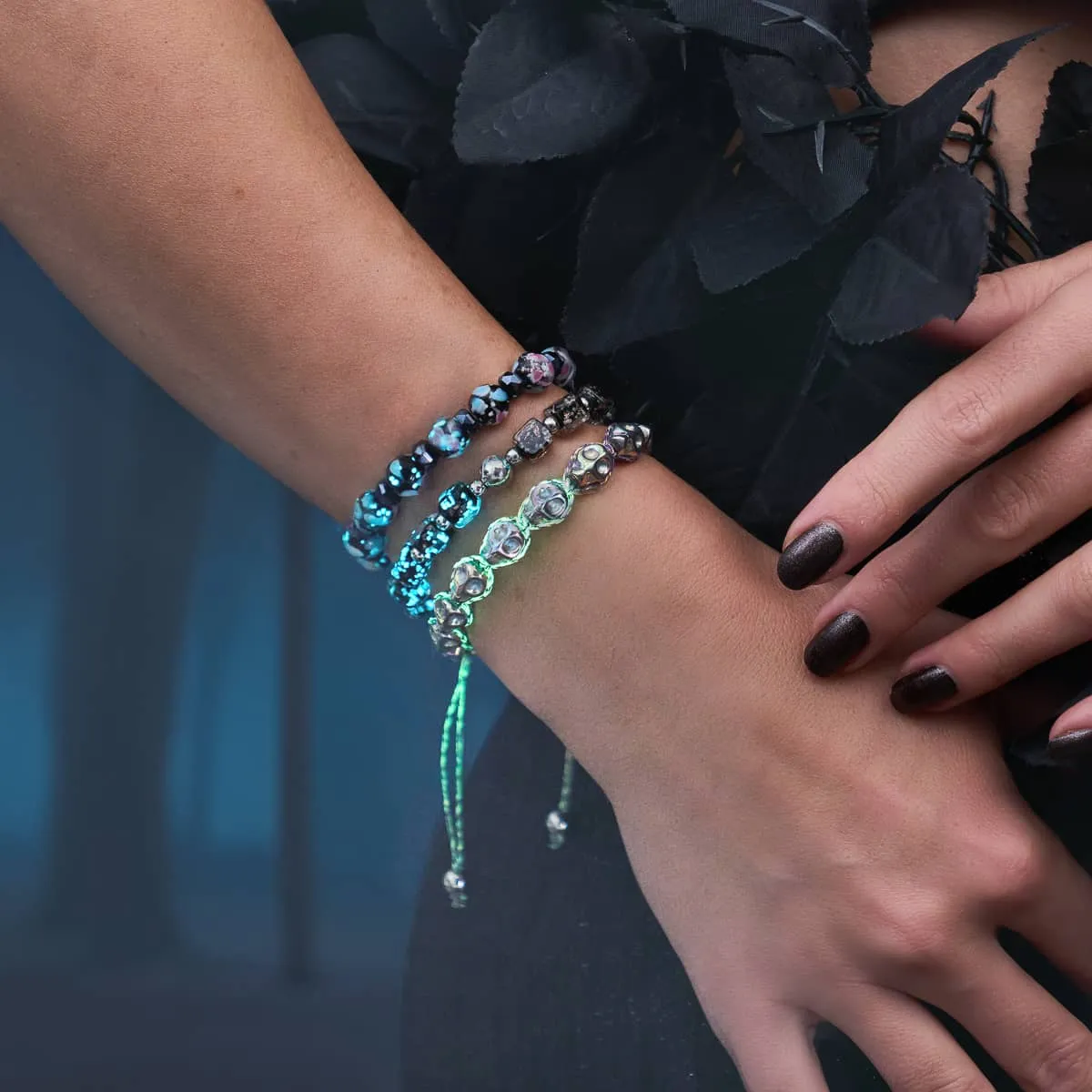 Elysian Waves | Iced Silver Skulls x Violet GloWeave | Macrame Bracelet
