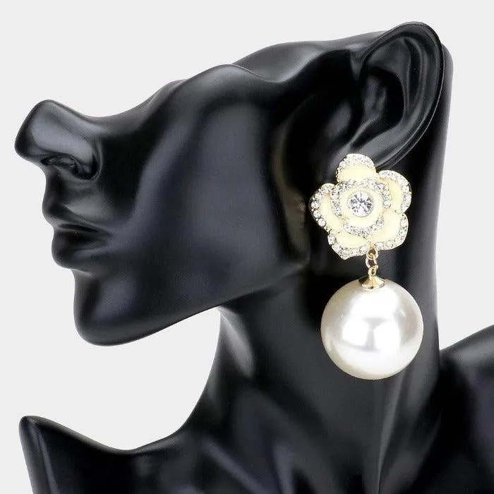 Enamel White Camellia Flower Pearl Gold Earrings