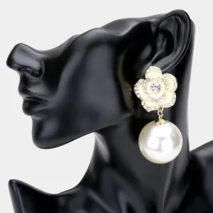 Enamel White Camellia Flower Pearl Gold Earrings