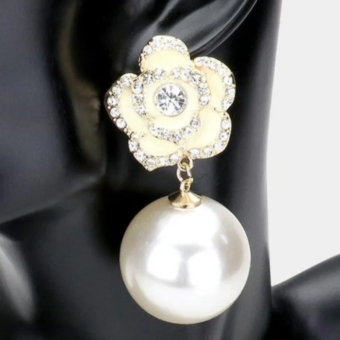 Enamel White Camellia Flower Pearl Gold Earrings