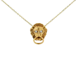 Estate 14k Yellow Gold Diamond Lion's Head Necklace