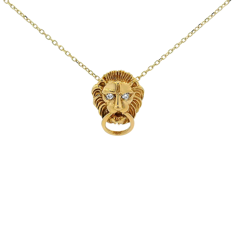 Estate 14k Yellow Gold Diamond Lion's Head Necklace