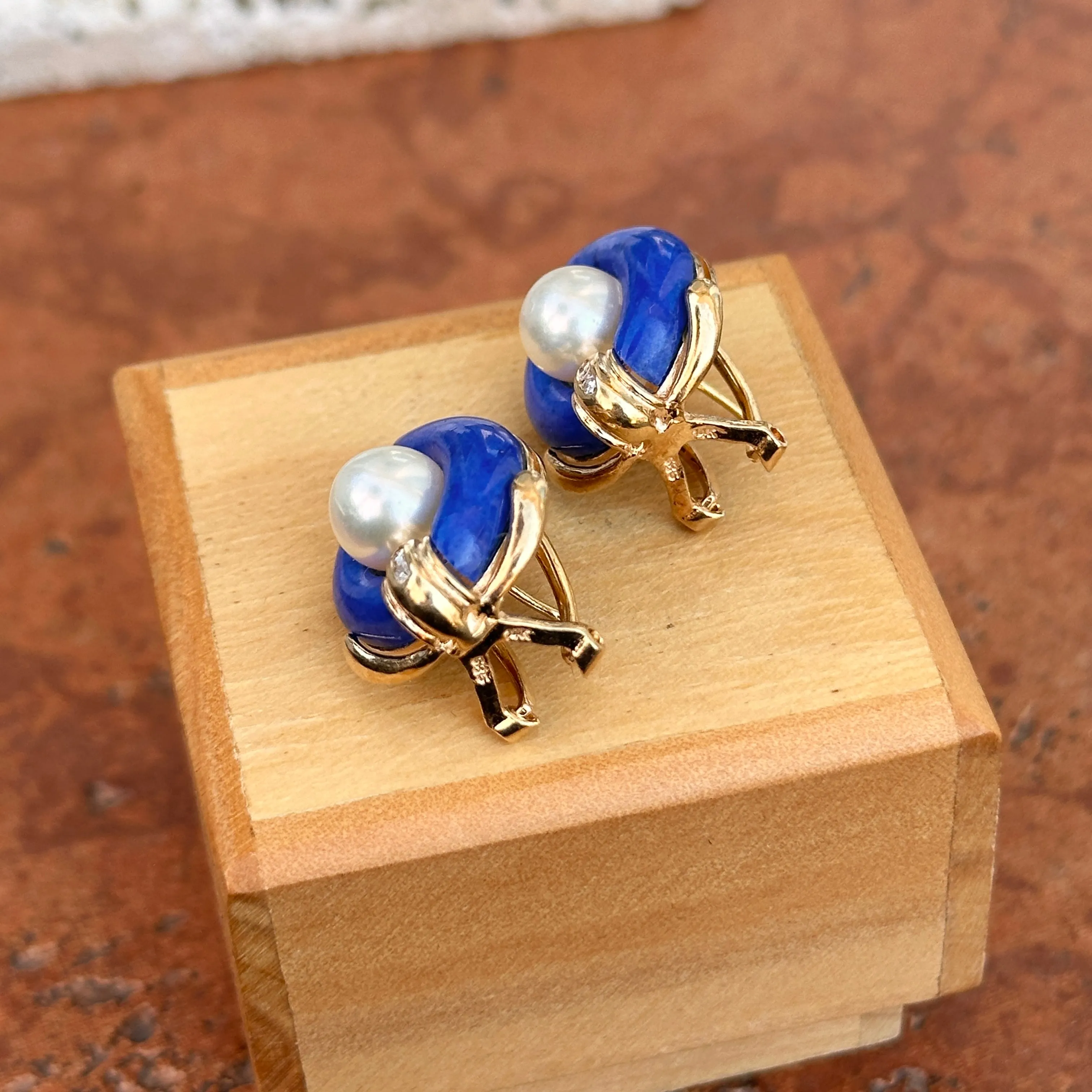 Estate 14KT Yellow Gold Blue Lapis, Pearl   Diamond Earrings