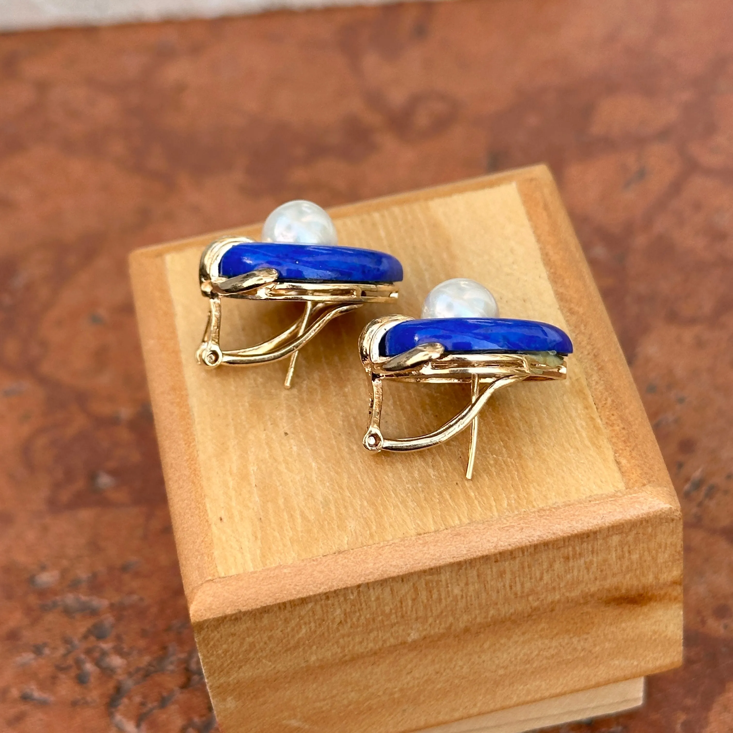 Estate 14KT Yellow Gold Blue Lapis, Pearl   Diamond Earrings
